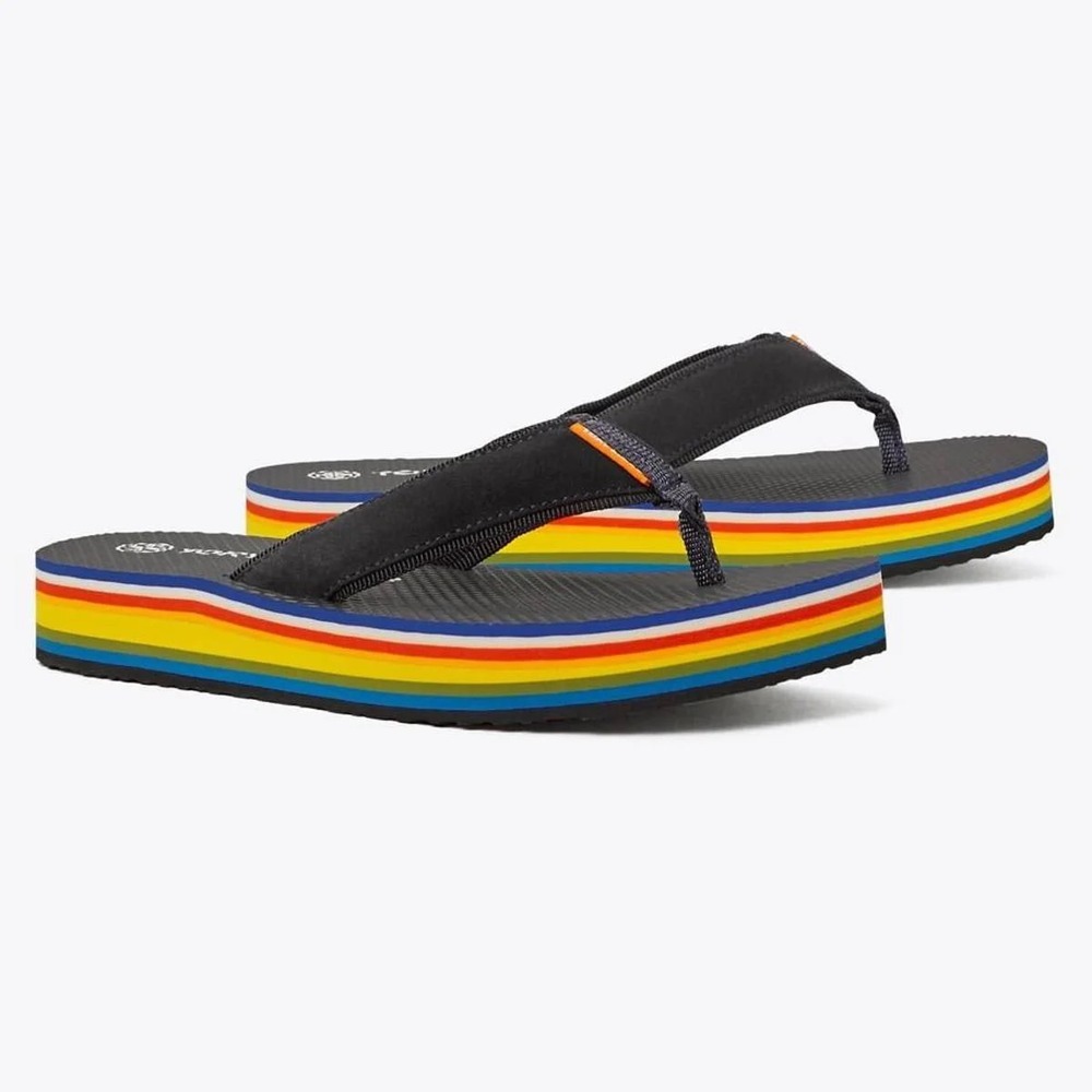 Tory Burch Rainbow Striped Platform Flip Flop Sandals Black Multi Color Size 9M